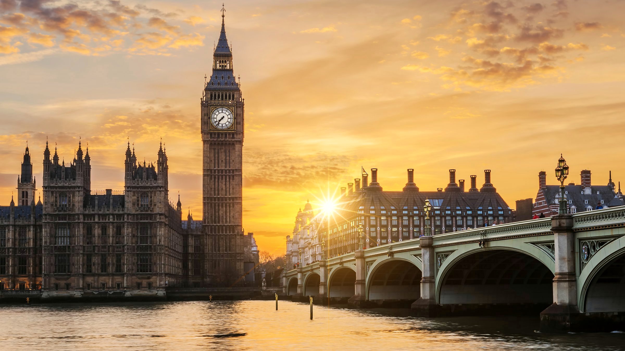 Big Ben Londres coucher de soleil — chauffeur privé Paris-Londres Eurotunnel